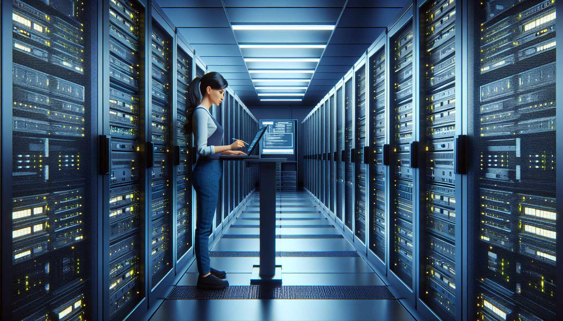 Foto fotorrealista de un centro de datos moderno, mostrando racks llenos de servidores y un técnico trabajando, demostrando tecnología avanzada y orden.