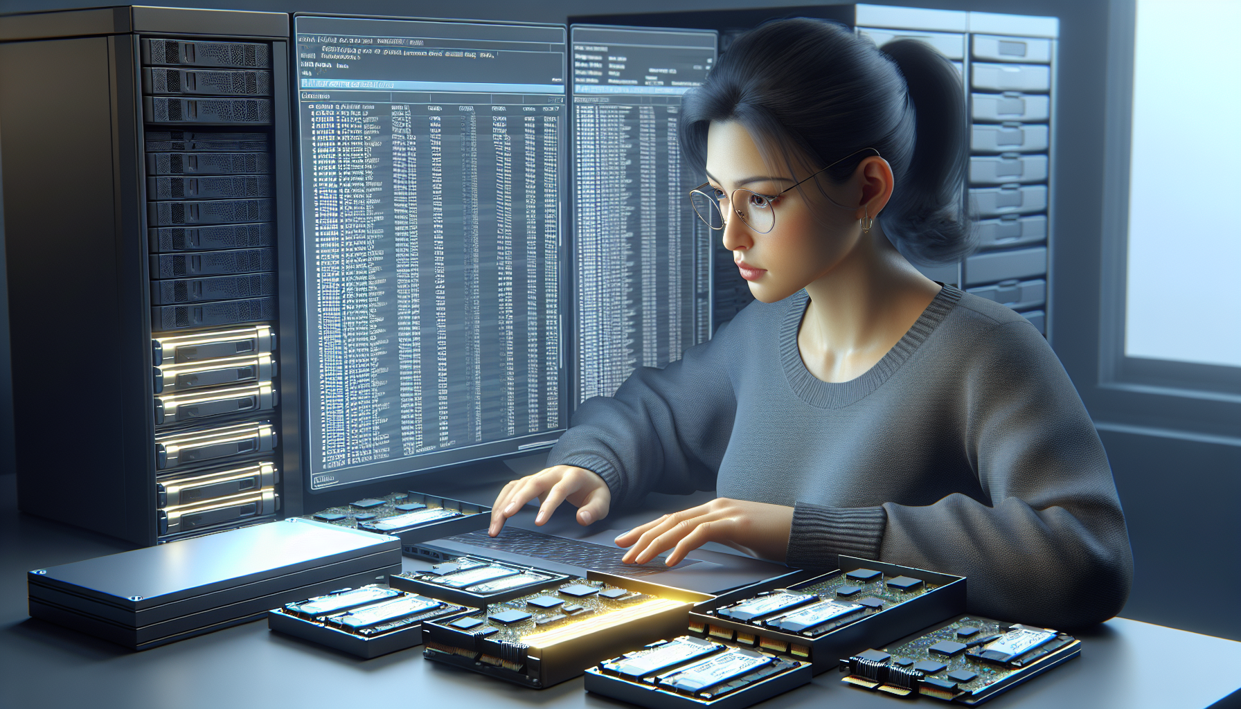 Imagen fotorrealista de un administrador de sistemas analizando datos en una pantalla, rodeado de dispositivos de almacenamiento SSD.